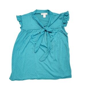 Lux Y2K Teal Blue Polka Dot Bow Neck Tie Ruffle Sleeve Top Small Office Retro